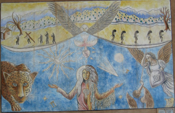 [awful Santa Fe art with eagle, jaguar and angels]