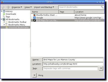 [Firefox bookmarks dialog]