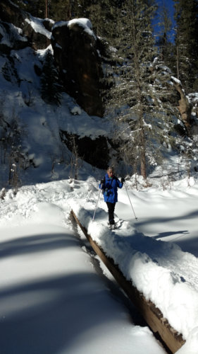 [Akk on snowshoes crossing the Jemez East Fork]