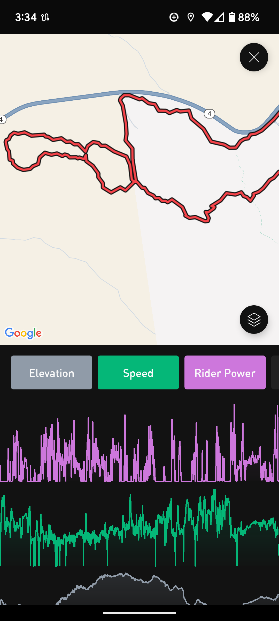 [Screenshot of the Specialized app showing a map view and plots of rider power, speed and elevation]