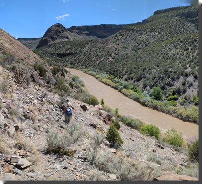 [Hikers walk along the River Trail above the muddy Rio Grande]