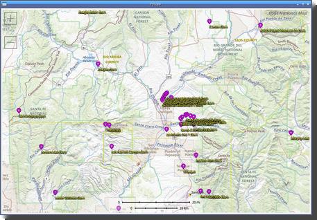 [Map showing dams in maybe a 100-mile area centered around Española, NM]