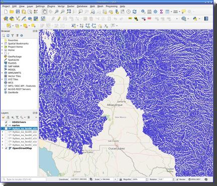 [North American river data from gaia.geosci.unc.edu, shown in QGIS]