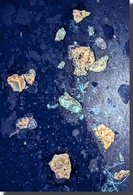 [assorted caliche-covered rocks fluorescing orange under UV light]
