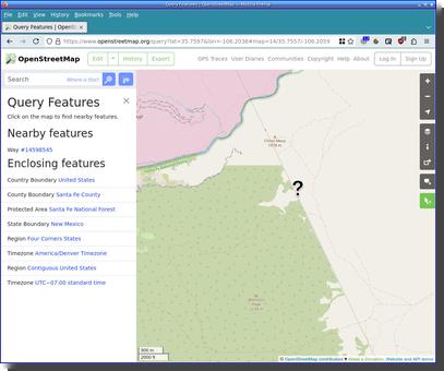 [screenshot of OpenStreetMap.org showing Query Features mode