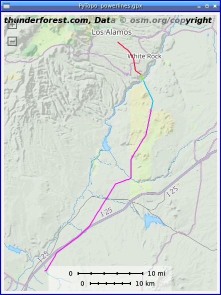 [A relief map showing a line with different-colored segments going from Los Alamos down to just above Bernalillo]