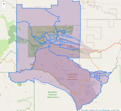 [red/blue map of Los Alamos county voter registration: all purple]