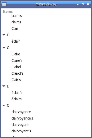 [a screenshot of a window listing letters and words starting with the letter, except it goes from Clair to èclair to Claire and similarly keeps inserting variants of èclair between C words]