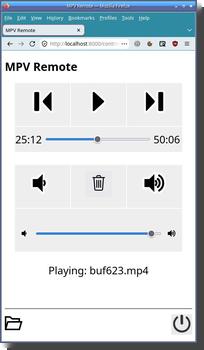 [Screenshot of MPV Remote: First row: back, play, forward icons, and a slider with a time signature; Second row: Volume down, Trash, Volume Up icons, and a slider for volume; Below that, Playing: buf623.mp4; At the bottom, a Folder icon on the left and a Power icon on the right.]