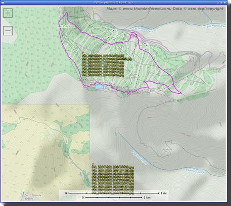 [Screenshot of PyTopo showing the track (in purple) of a hike on Pajarito Mountain plus GPS locations for 16 images, which are in two clumps neither of which is near the actual hike track]