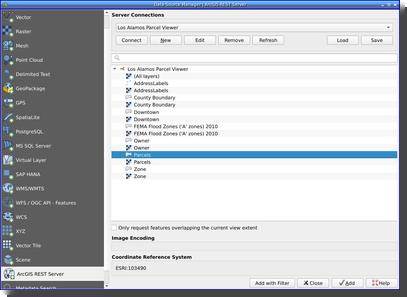 [Layers in the QGIS ArcGIS server dialog]