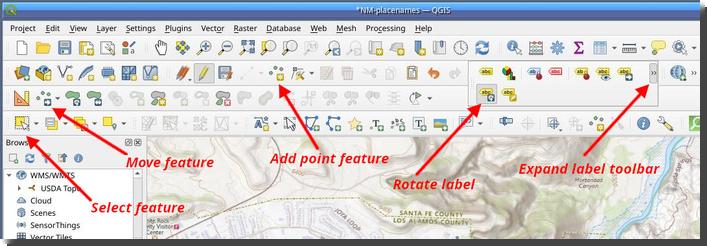 [Screenshot of QGIS with arrows pointing to the toolbar icons for Select Feature, Move Feature, Add Point Feature, Rotate Label and Expand Label Toolbar]