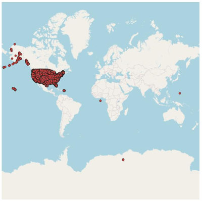 [Screenshot of world map showing a concentration of red circles thickly over the continental US and Hawaii, a few in Alaska, plus one in Guam, one in the Caribbean, one in Antarctica south of Madagascar, and one off the coast of west Africa.]